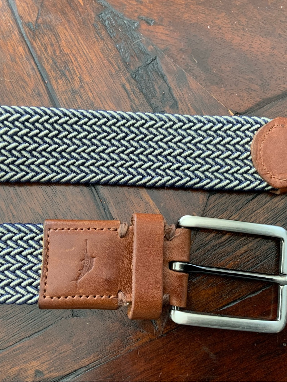Tommy Bahama Woven Navy and White Belt with Brown Leather Trim